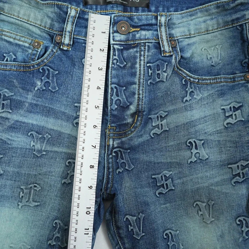 Valabasas Mens Monogram Embossed Carpenter Stacked Flare Jeans Blue Size 30